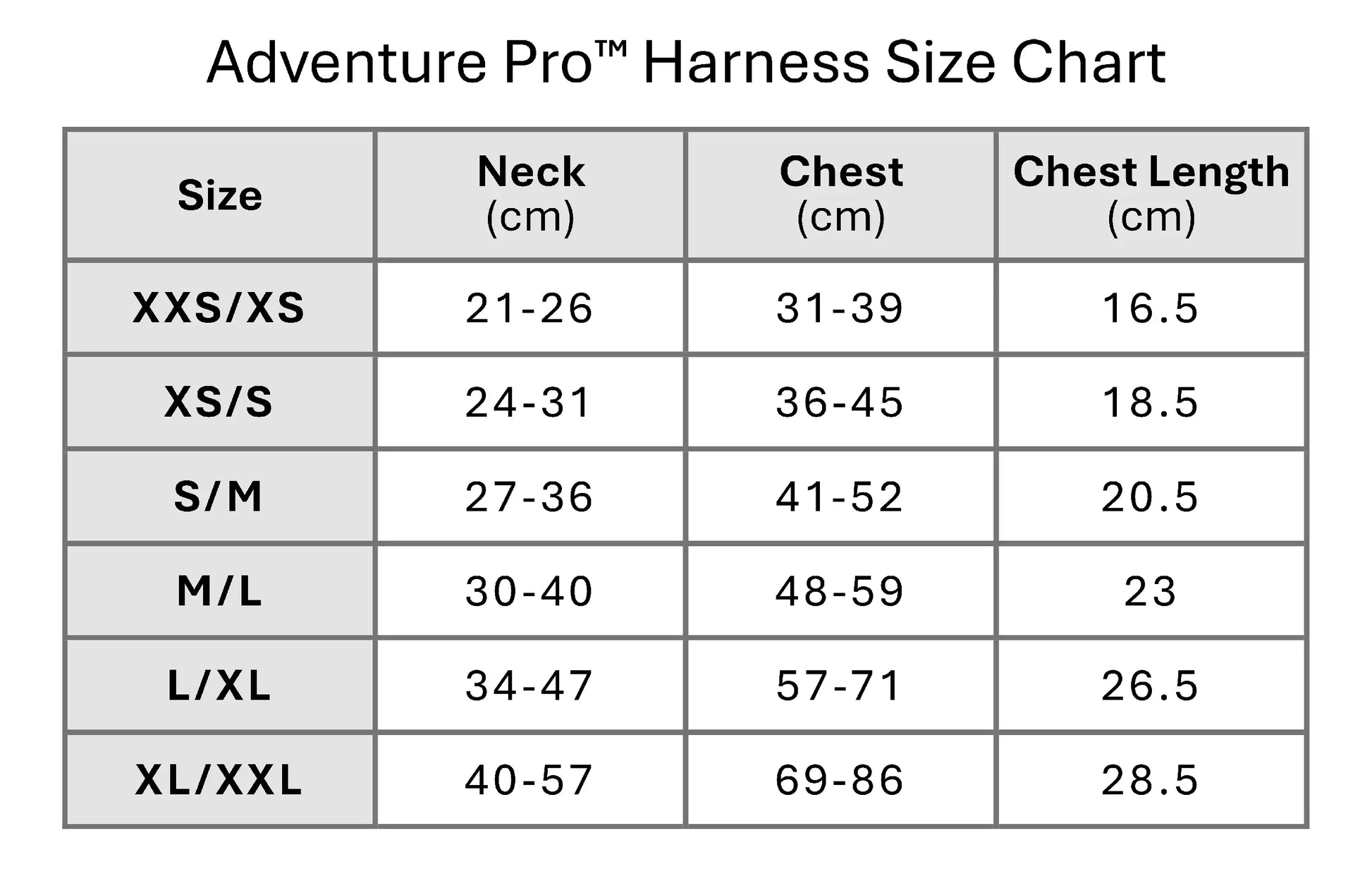 Adventure Pro Harness Harness Size Chart