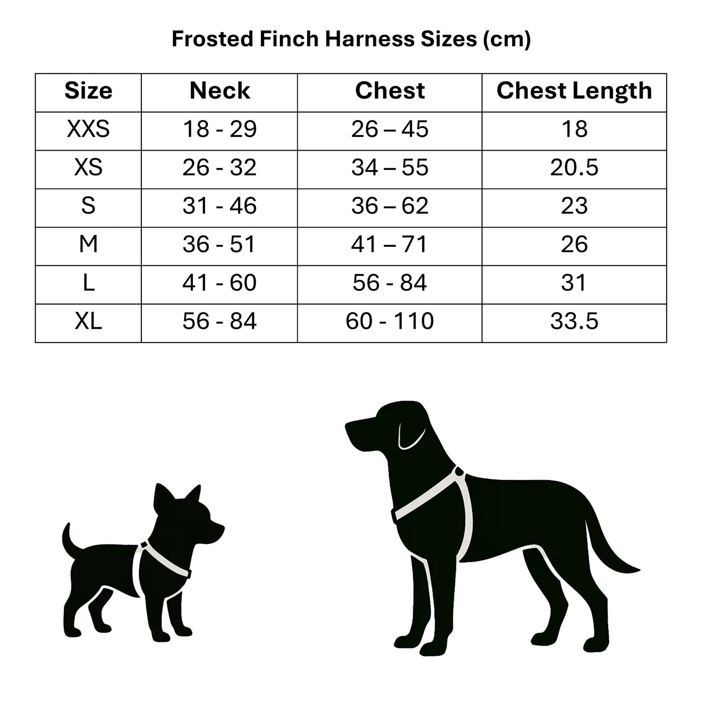 Frosted Finch Harness Sizes Chart