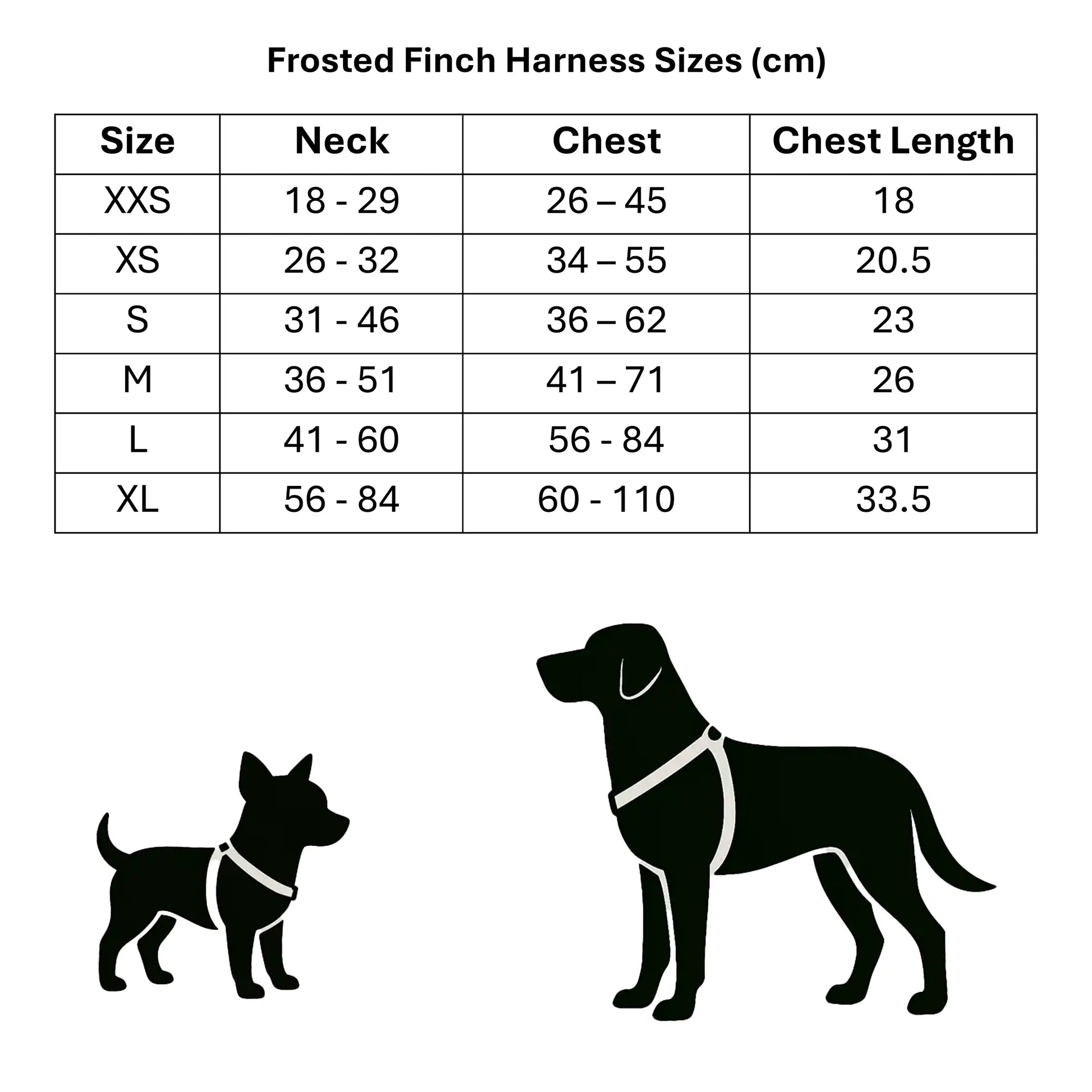 Frosted Finch Harness Sizes Chart