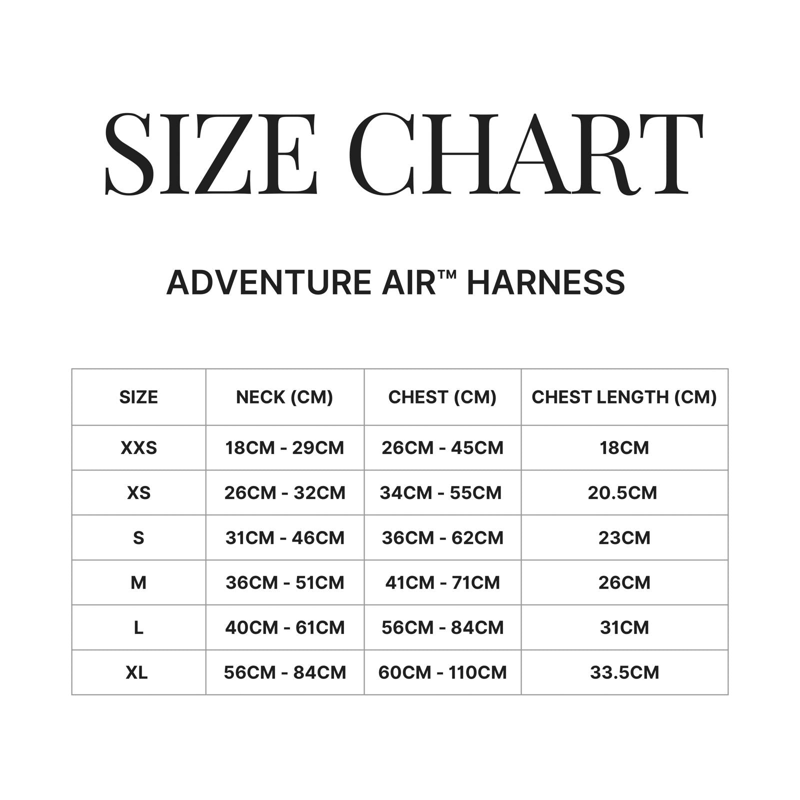 Size Chart Forest of the Forrest Dog Harness