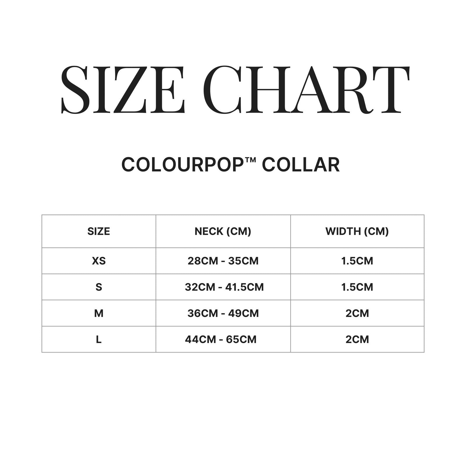 Size Chart Forest of the Forrest Collar